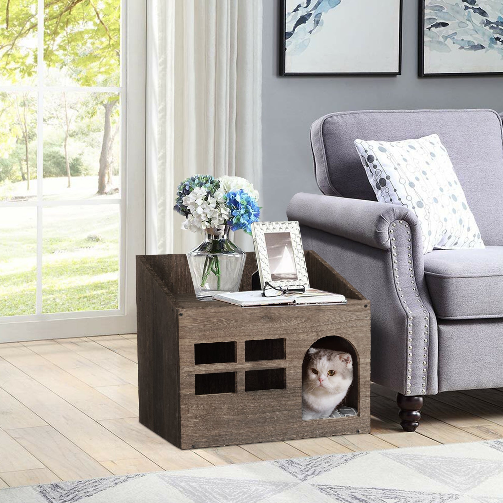 Durable Wooden Cat Cave Bed, Kitten Sleep Lounge with Cushion Pad