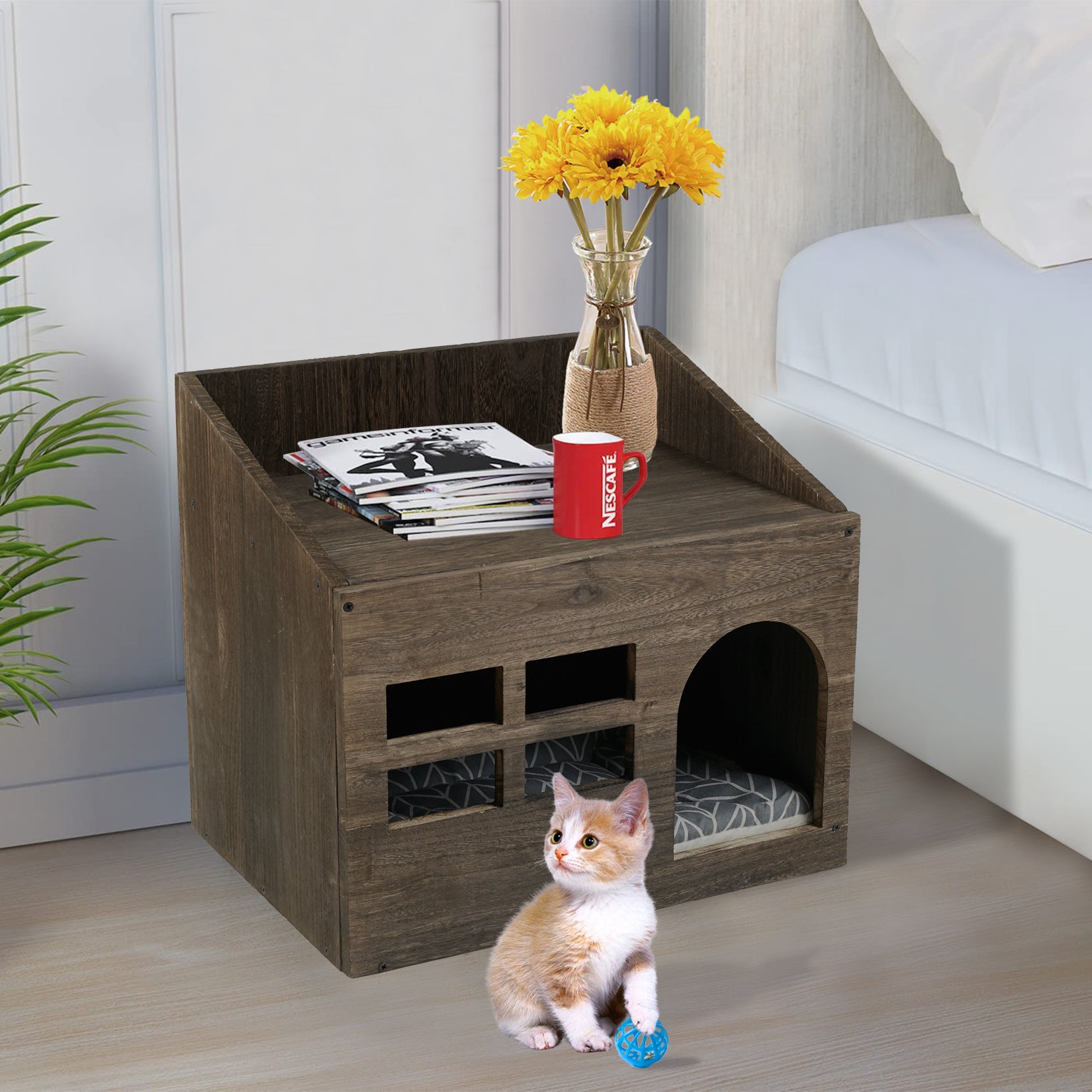 Durable Wooden Cat Cave Bed, Kitten Sleep Lounge with Cushion Pad