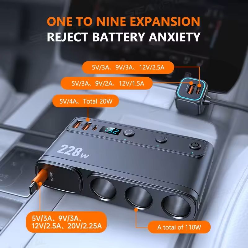 228 W High-Power Car USB Charger PD 45 W Fast-Charging Cigarette Lighter Adapter for Smartphones & Tablets