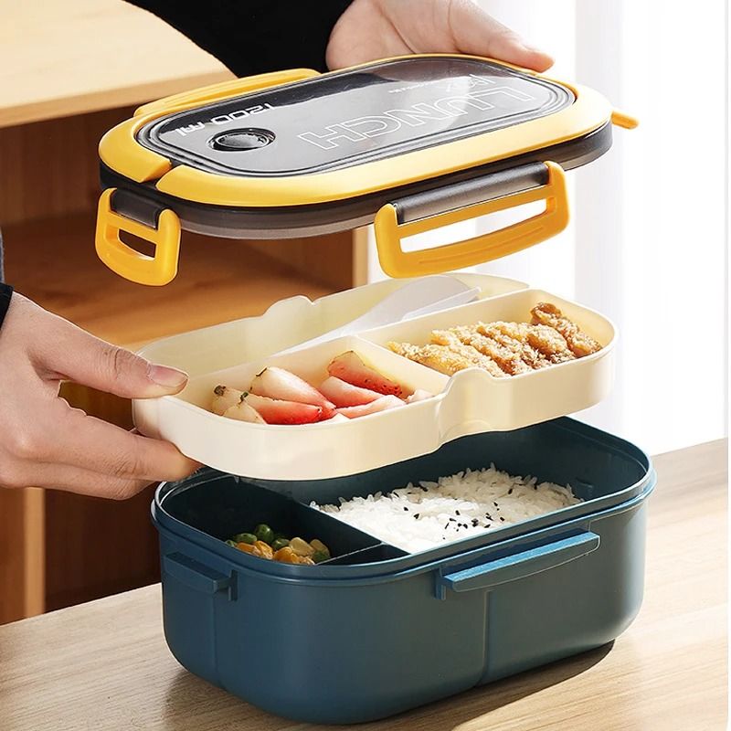Portable Double Layer Lunch Box With Compartments Microwave Safe Food Container With Fork And Spoon 3