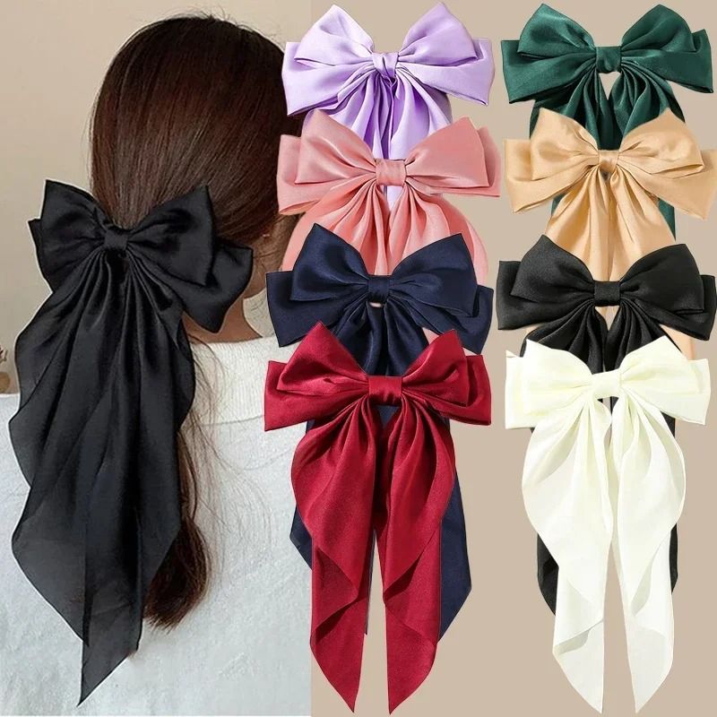 Korean Satin Big Bow Hair Clip for Women and Girls Long Ribbon Bowknot Spring Clamp
