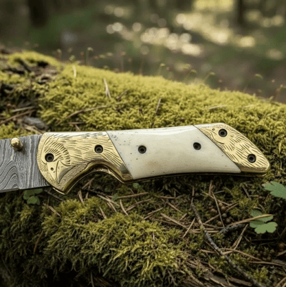 Handmade Damascus Steel Folding Knife | Bone Handle + Brass Bolsters | Locking Pocket Knife & Leather Sheath | Outdoor E