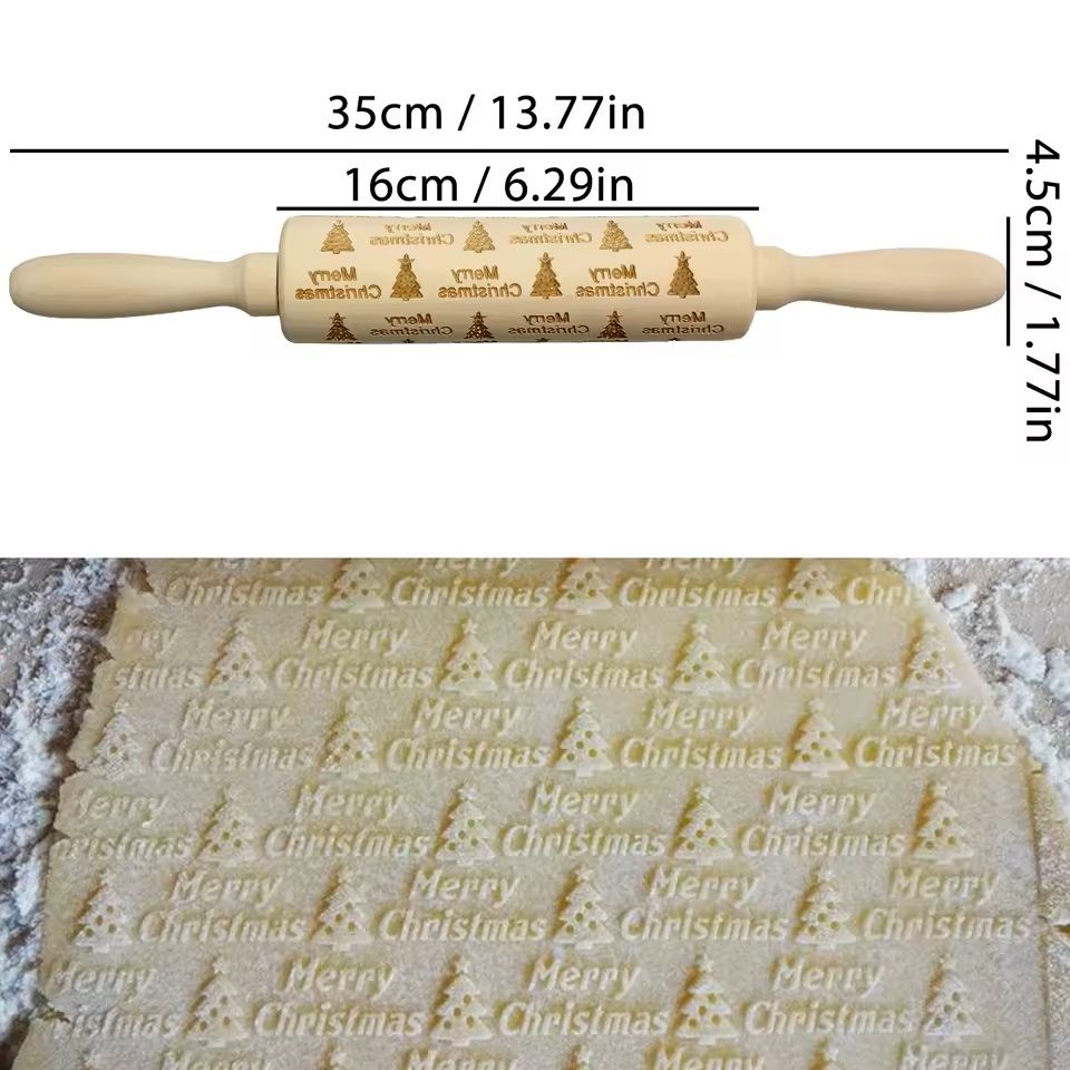 Christmas Embossed Wooden Rolling Pin  3D Engraved Holiday Cookie  Baking Roller 4