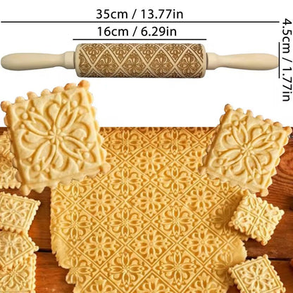 Christmas Embossed Wooden Rolling Pin  3D Engraved Holiday Cookie  Baking Roller 15