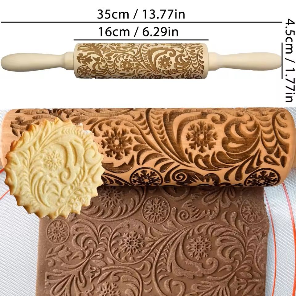 Christmas Embossed Wooden Rolling Pin  3D Engraved Holiday Cookie  Baking Roller 6