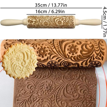 Christmas Embossed Wooden Rolling Pin  3D Engraved Holiday Cookie  Baking Roller 6