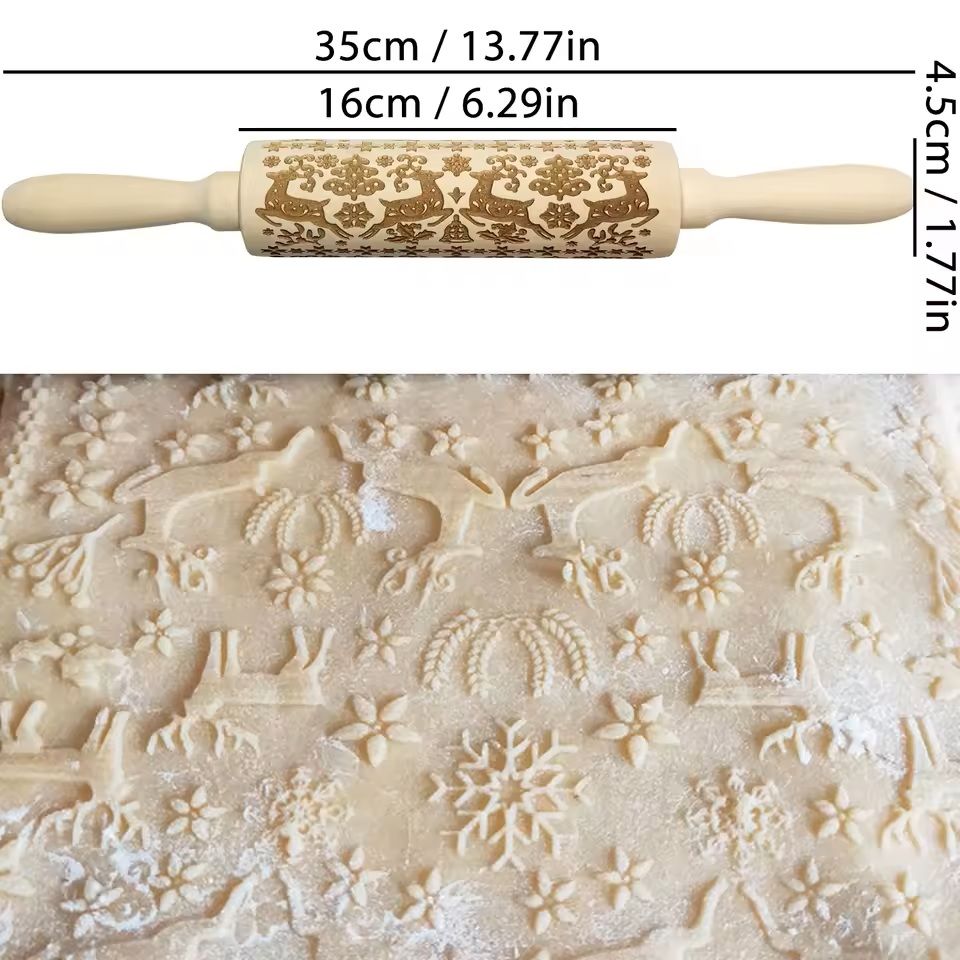 Christmas Embossed Wooden Rolling Pin  3D Engraved Holiday Cookie  Baking Roller 8