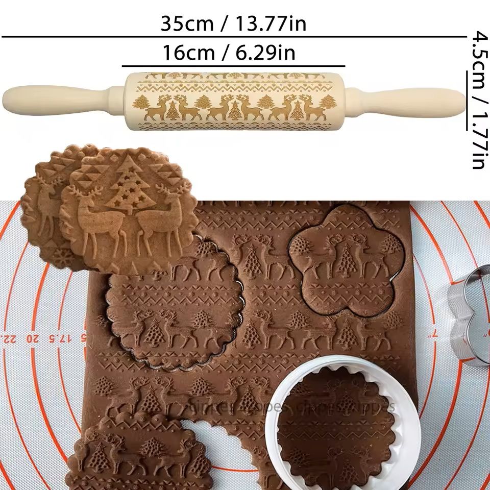 Christmas Embossed Wooden Rolling Pin  3D Engraved Holiday Cookie  Baking Roller 9