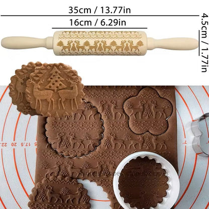 Christmas Embossed Wooden Rolling Pin  3D Engraved Holiday Cookie  Baking Roller 9