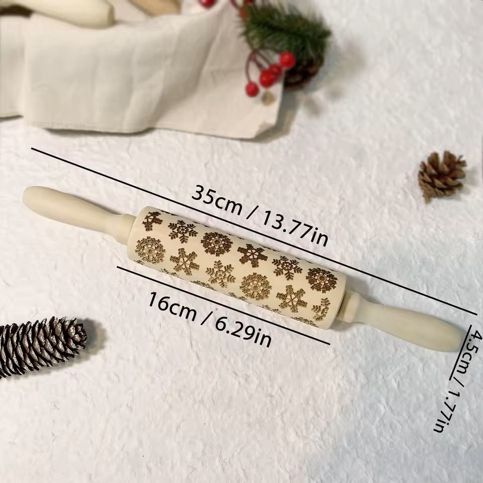 Christmas Embossed Wooden Rolling Pin  3D Engraved Holiday Cookie  Baking Roller 10