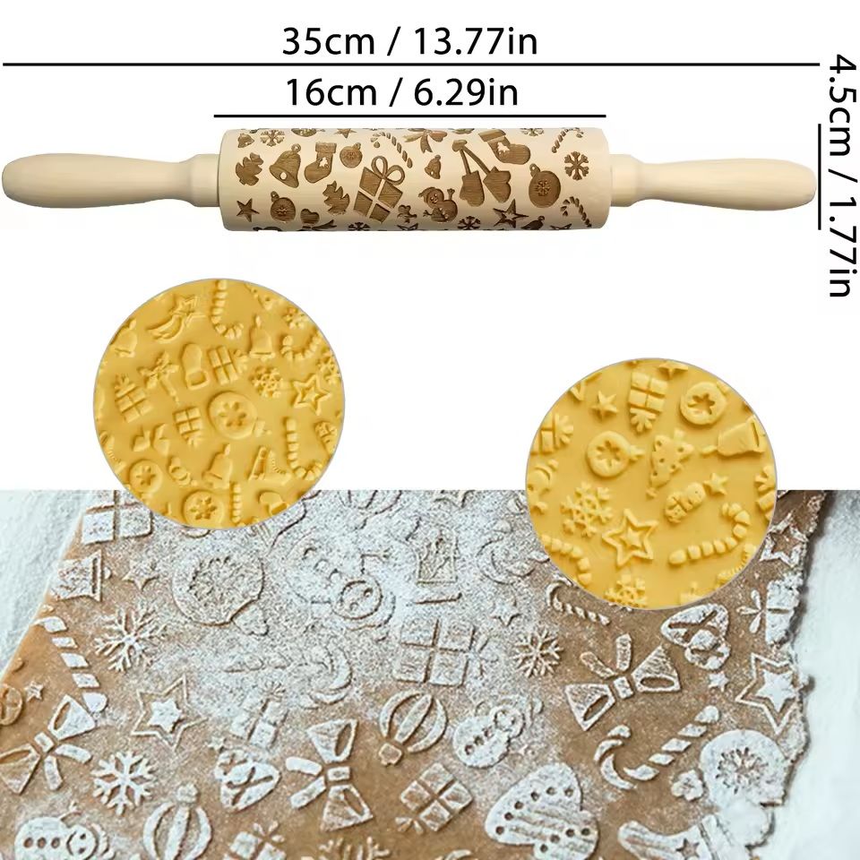Christmas Embossed Wooden Rolling Pin  3D Engraved Holiday Cookie  Baking Roller 11
