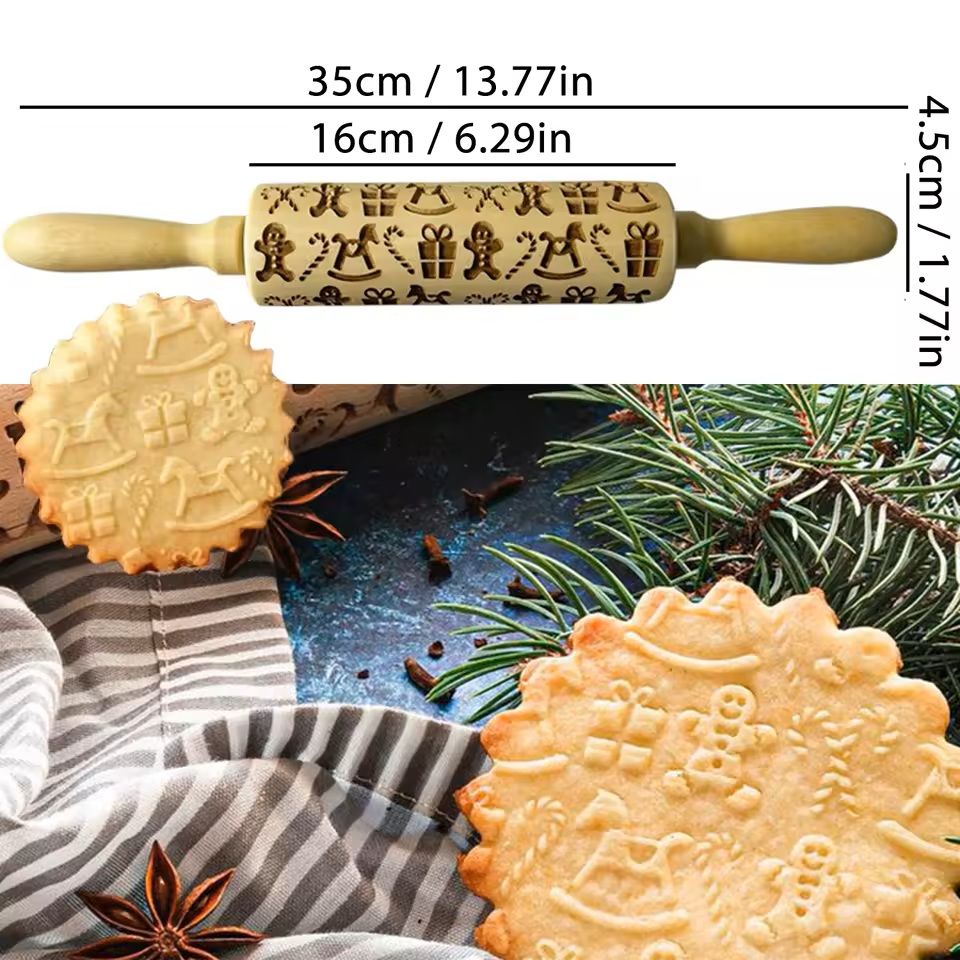 Christmas Embossed Wooden Rolling Pin  3D Engraved Holiday Cookie  Baking Roller 17