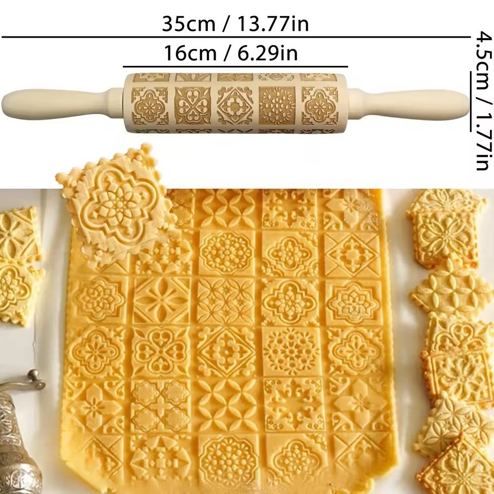 Christmas Embossed Wooden Rolling Pin  3D Engraved Holiday Cookie  Baking Roller 23