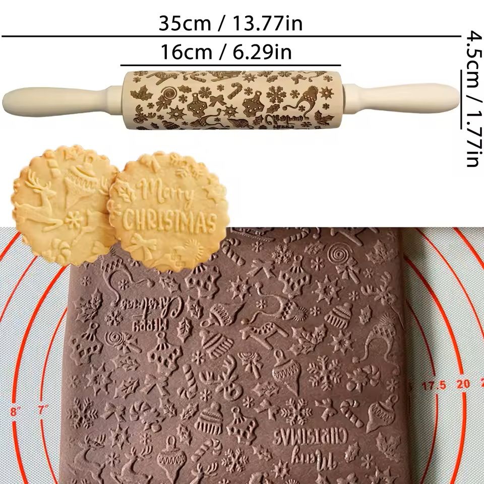 Christmas Embossed Wooden Rolling Pin  3D Engraved Holiday Cookie  Baking Roller 26