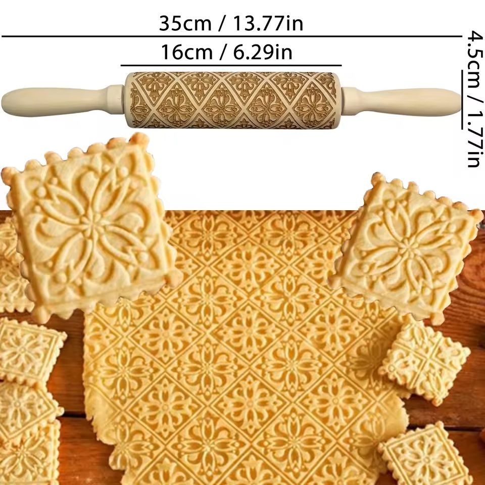 Christmas Embossed Wooden Rolling Pin  3D Engraved Holiday Cookie  Baking Roller 30