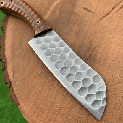 Handmade Carbon Steel Chef Knife | Walnut Handle | Full Tang Kitchen Blade + Leather Sheath | Professional Cooking Knife