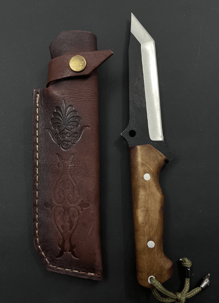 Handmade Full Tang Gut Hook Hunting Knife | Custom Engraved Blade | Walnut Handle + Leather Sheath | Outdoor Camping & S