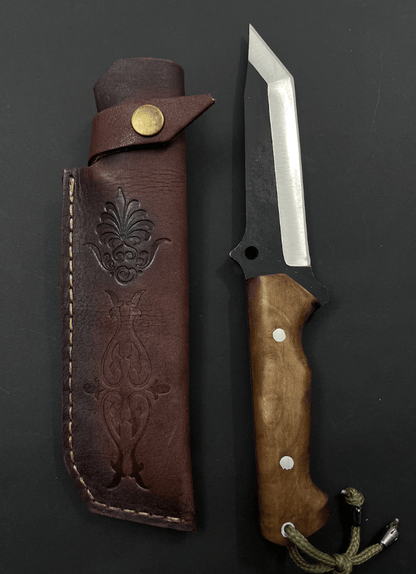 Handmade Full Tang Gut Hook Hunting Knife | Custom Engraved Blade | Walnut Handle + Leather Sheath | Outdoor Camping & S