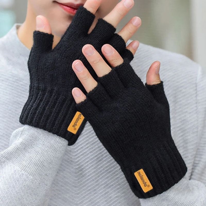 Winter Knitted Fingerless Gloves Warm Plush Gloves for Men and Women