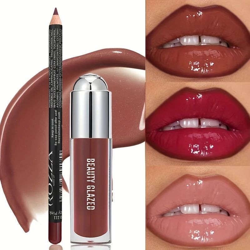 Lip Gloss and Lip Liner Set Waterproof Long Lasting Nude Combo