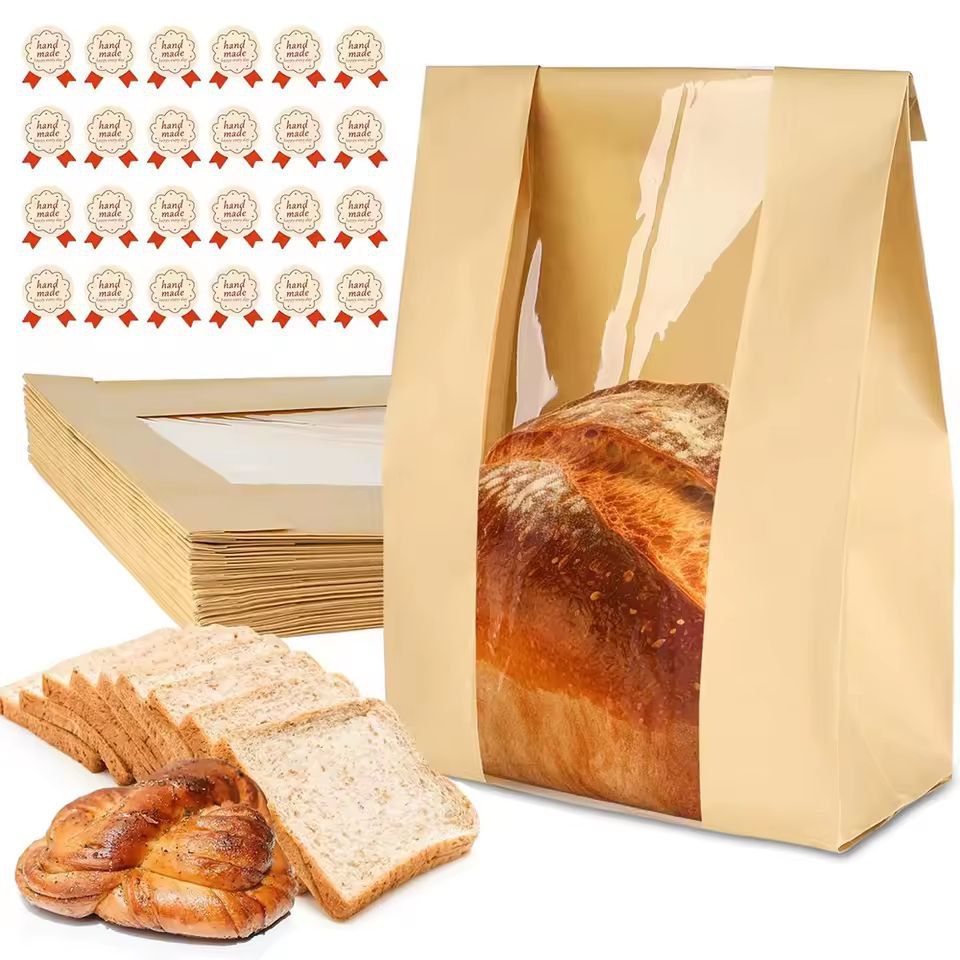 Large Kraft Bakery Bread Bags with Clear Window – Eco-Friendly Bread & Snack Storage Pouch