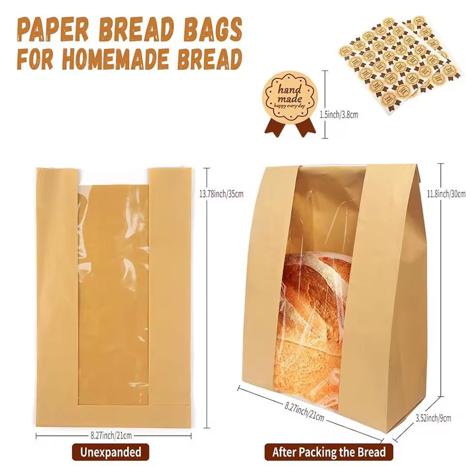 Large Kraft Bakery Bread Bags With Clear Window  EcoFriendly Bread  Snack Storage Pouch 1