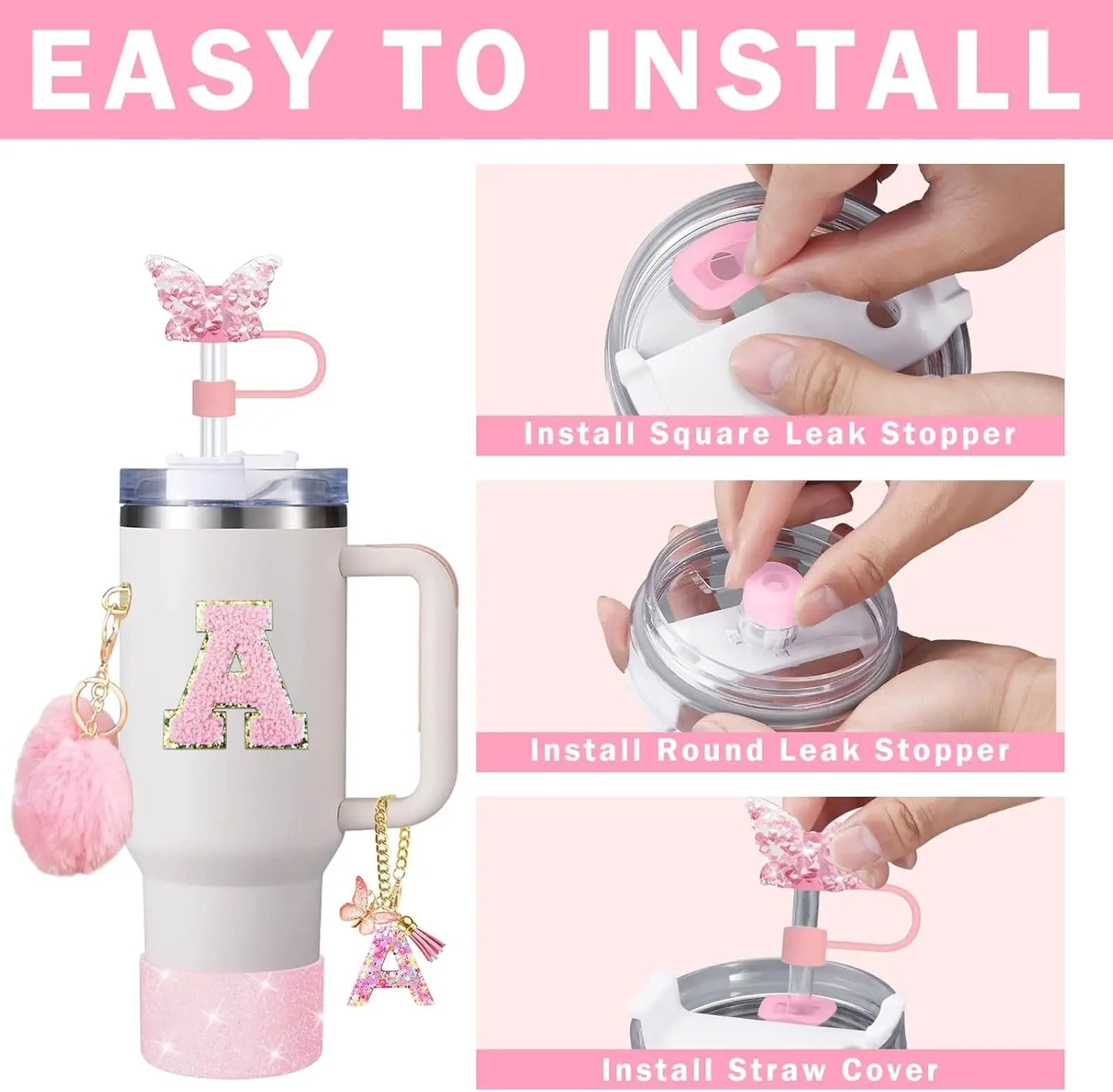 Cup Accessory Set For Stanley Butterfly Straw Cover Cap Silicone Boot Charm Initials Sticker Spill  1