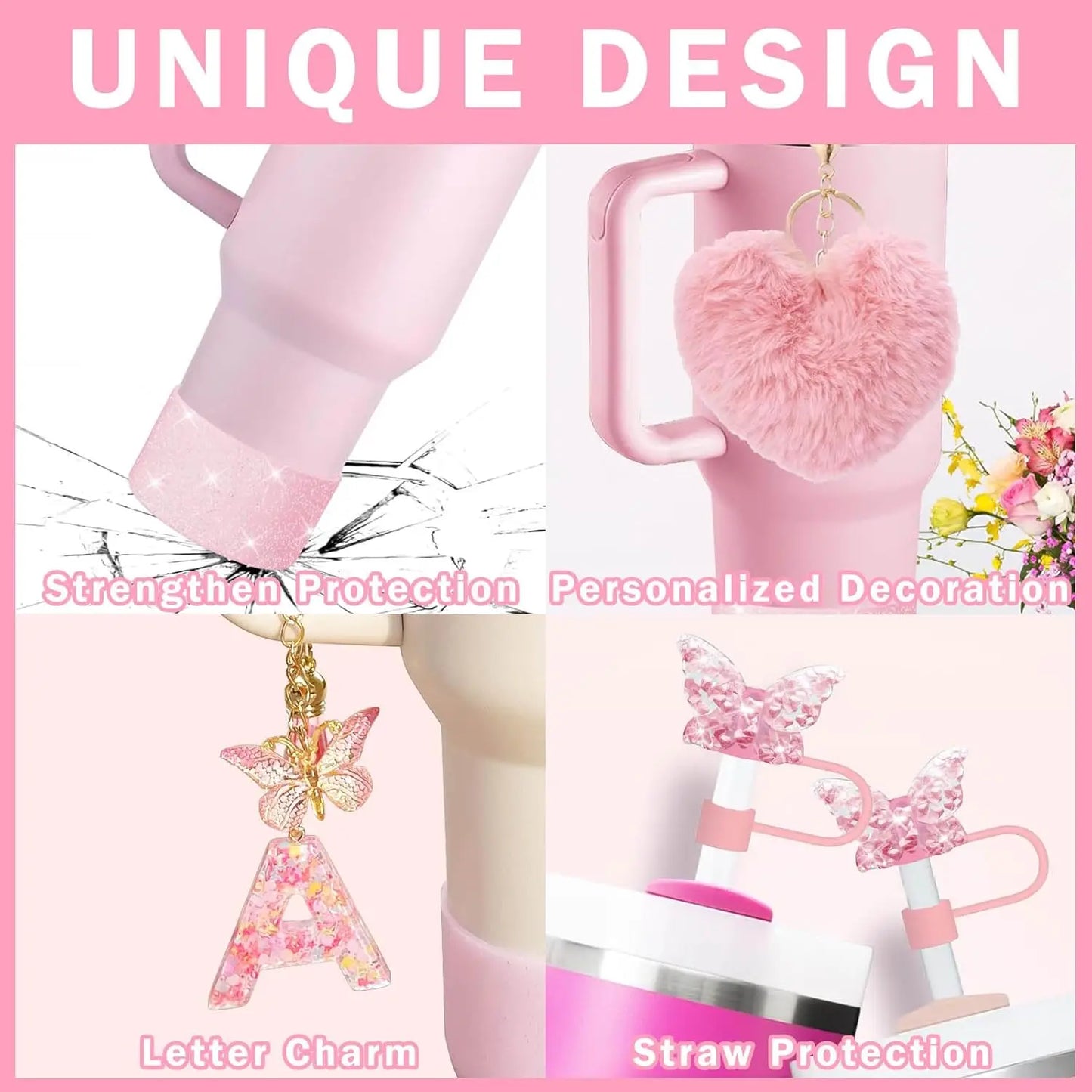 Cup Accessory Set For Stanley Butterfly Straw Cover Cap Silicone Boot Charm Initials Sticker Spill  2