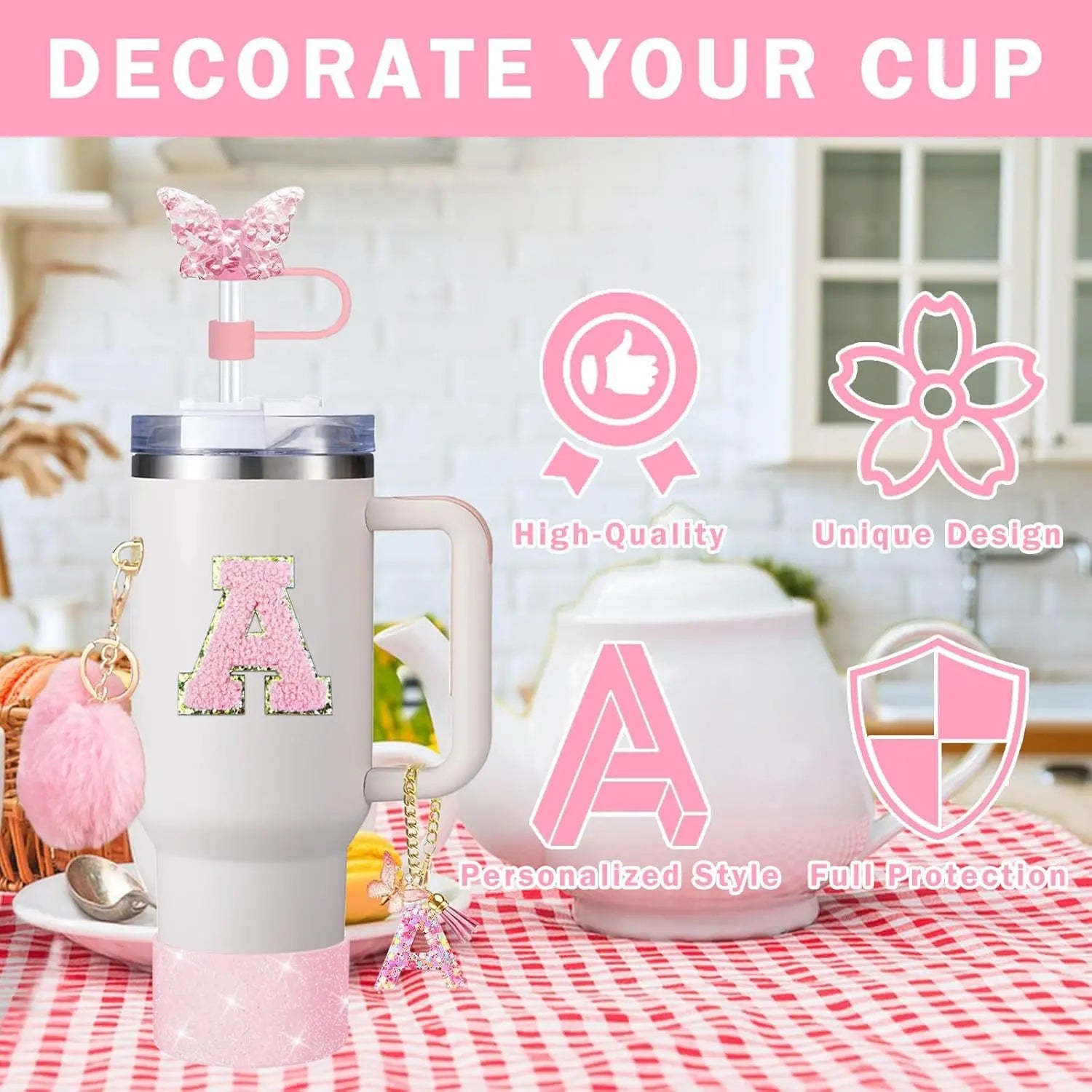 Cup Accessory Set For Stanley Butterfly Straw Cover Cap Silicone Boot Charm Initials Sticker Spill  4