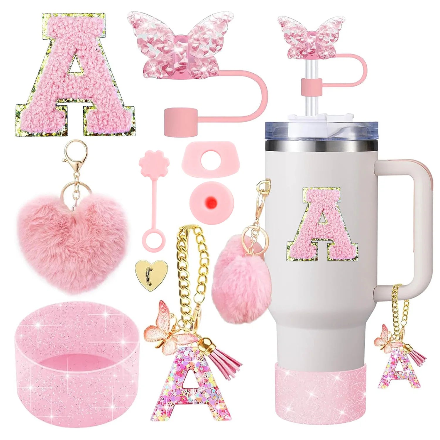 Cup Accessory Set for Stanley, Butterfly Straw Cover Cap, Silicone Boot Charm, Initials Sticker, Spill Proof Stopper Kit