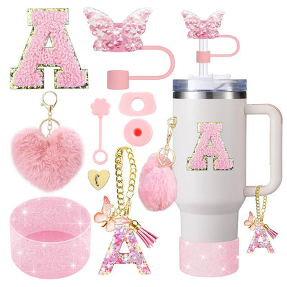 Cup Accessory Set for Stanley, Butterfly Straw Cover Cap, Silicone Boot Charm, Initials Sticker, Spill Proof Stopper Kit