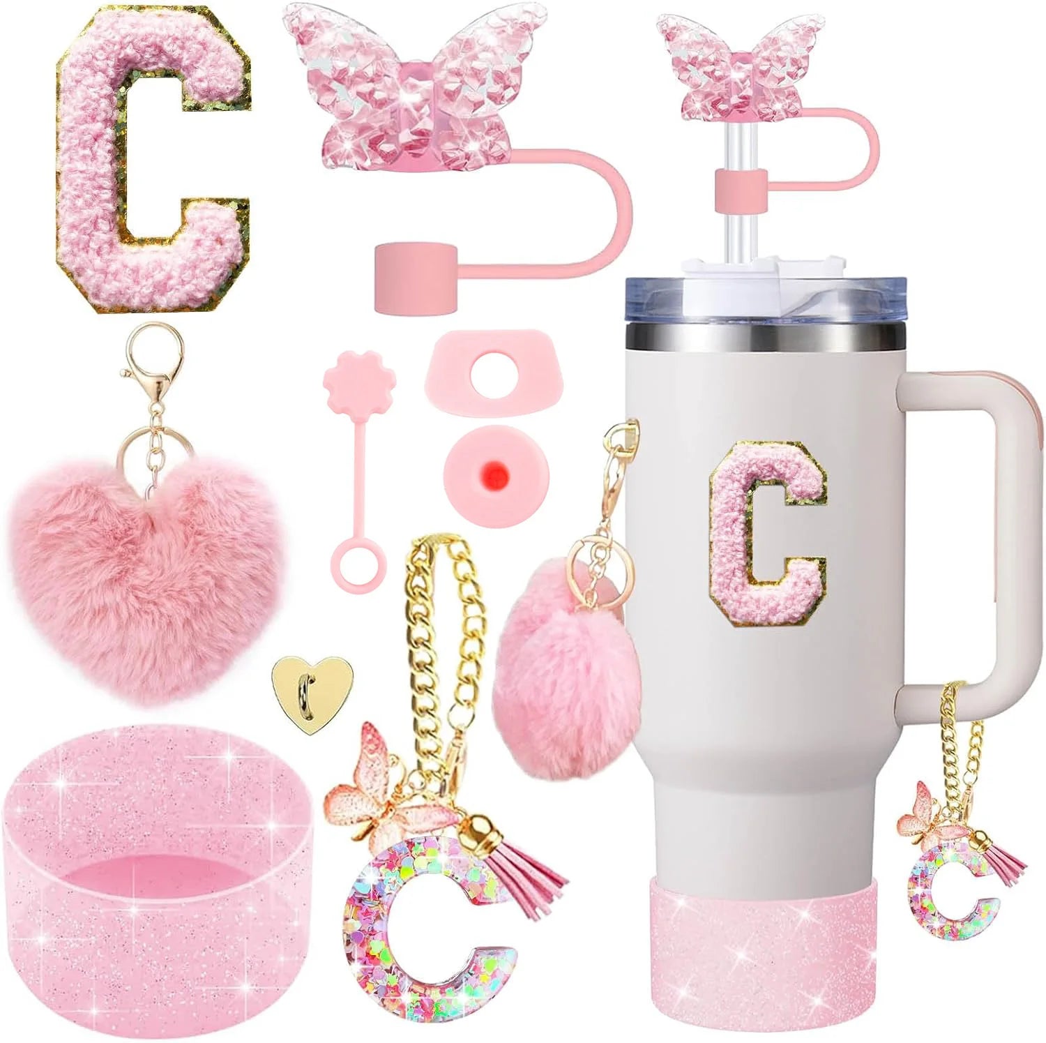 Cup Accessory Set For Stanley Butterfly Straw Cover Cap Silicone Boot Charm Initials Sticker Spill  7