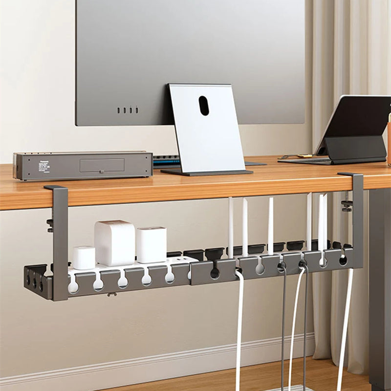 Under Table Storage Rack, Home Office Desk Wire Organizer No Punching Metal Tray, Retractable Power Strip Storage Holder