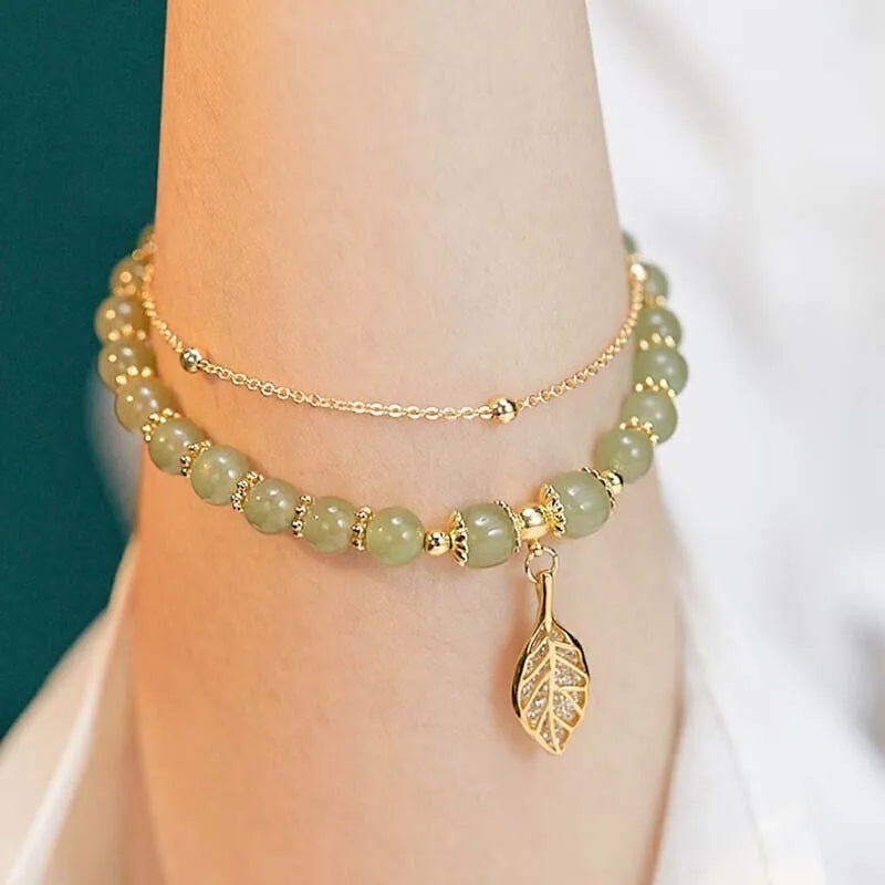 Exquisite Gold Color Leaves, Style Green Jade Bracelet, Double Chain Bracelet, For Women Wrist Strap, Elegant Girls Gift