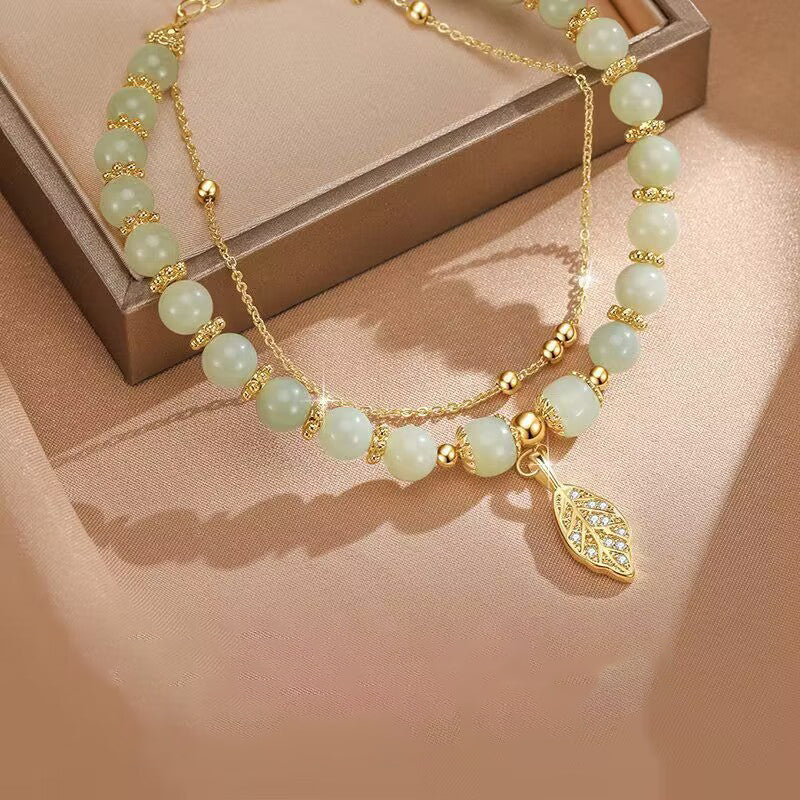 Exquisite Gold Color Leaves, Style Green Jade Bracelet, Double Chain Bracelet, For Women Wrist Strap, Elegant Girls Gift