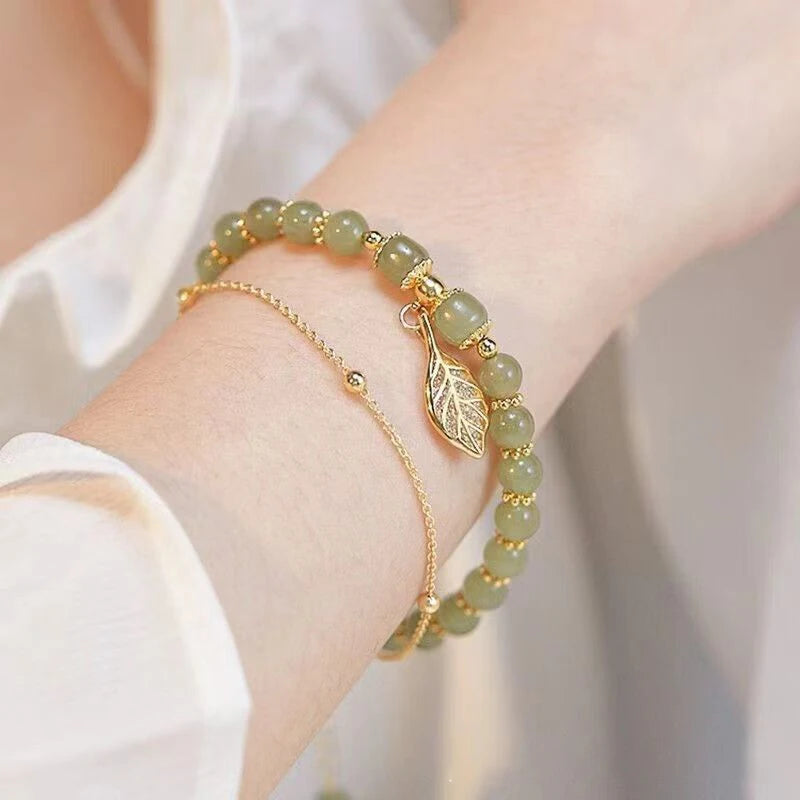 Exquisite Gold Color Leaves, Style Green Jade Bracelet, Double Chain Bracelet, For Women Wrist Strap, Elegant Girls Gift