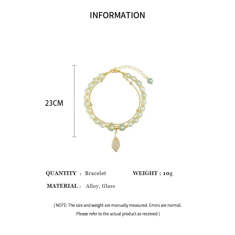 Exquisite Gold Color Leaves, Style Green Jade Bracelet, Double Chain Bracelet, For Women Wrist Strap, Elegant Girls Gift