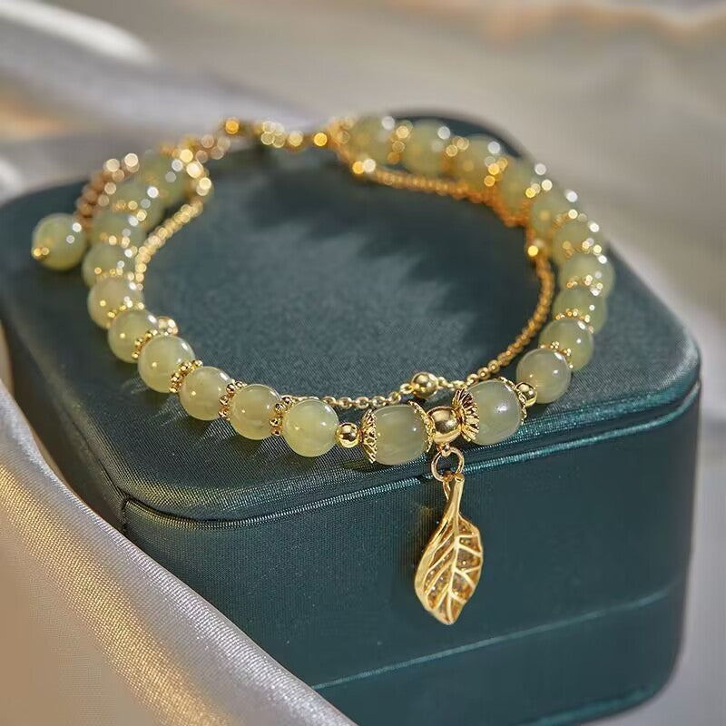 Exquisite Gold Color Leaves, Style Green Jade Bracelet, Double Chain Bracelet, For Women Wrist Strap, Elegant Girls Gift