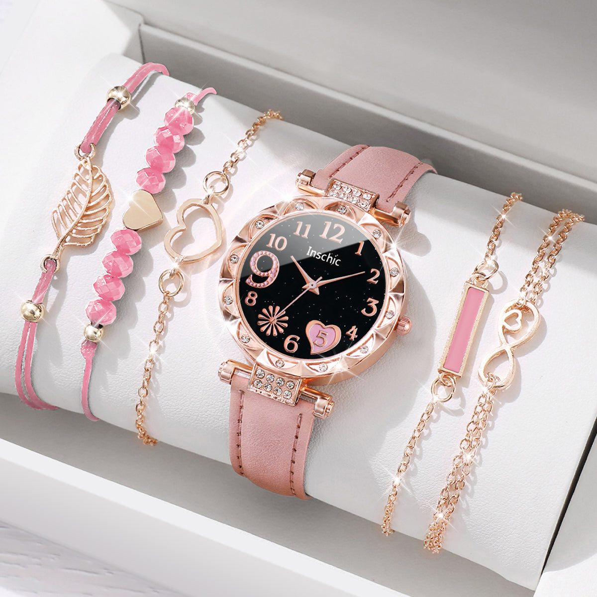 Fashion Heart Dial Analog Quartz Watch, Womens Casual Leather Band Watch with Leaf Bracelets Set Without Box