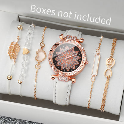 Fashion Heart Dial Analog Quartz Watch Womens Casual Leather Band Watch With Leaf Bracelets Set Wit 2