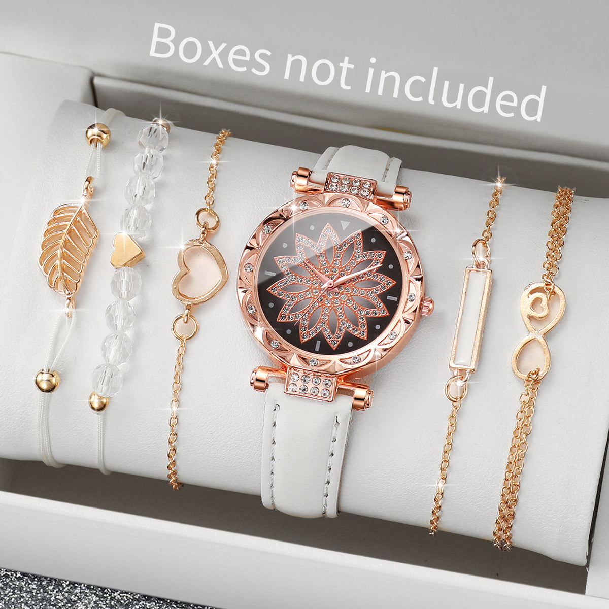 Fashion Heart Dial Analog Quartz Watch Womens Casual Leather Band Watch With Leaf Bracelets Set Wit 1