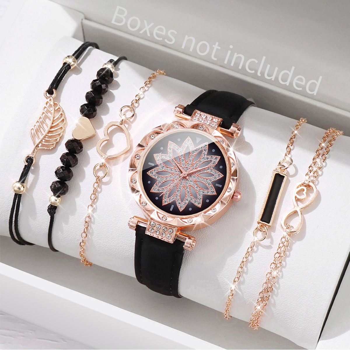 Fashion Heart Dial Analog Quartz Watch Womens Casual Leather Band Watch With Leaf Bracelets Set Wit 3
