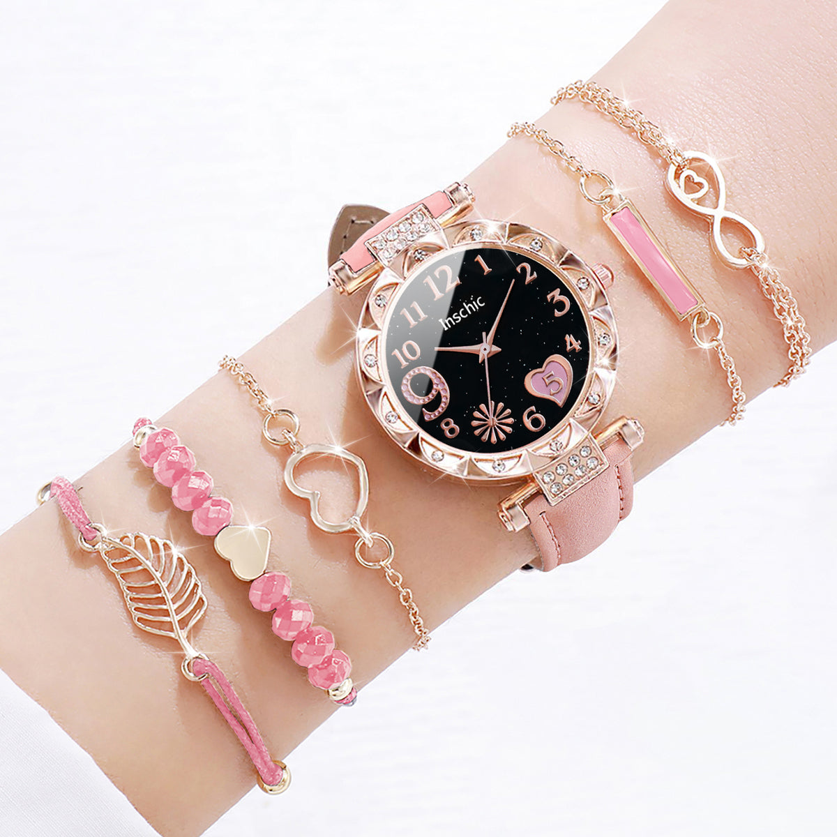Fashion Heart Dial Analog Quartz Watch Womens Casual Leather Band Watch With Leaf Bracelets Set Wit 4