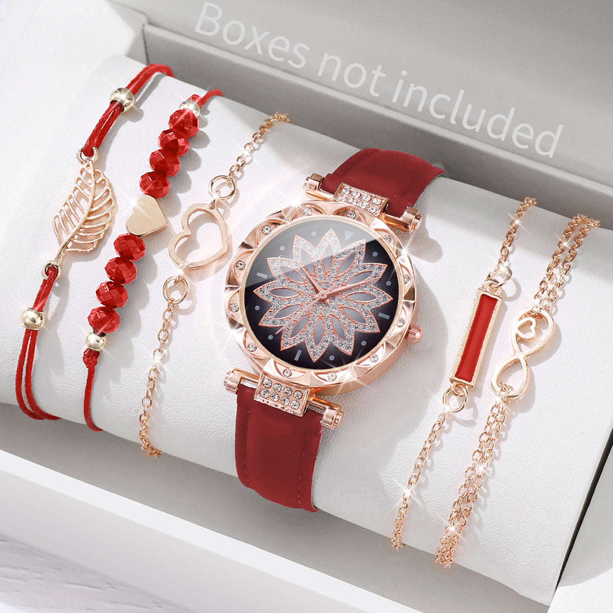 Fashion Heart Dial Analog Quartz Watch Womens Casual Leather Band Watch With Leaf Bracelets Set Wit 5