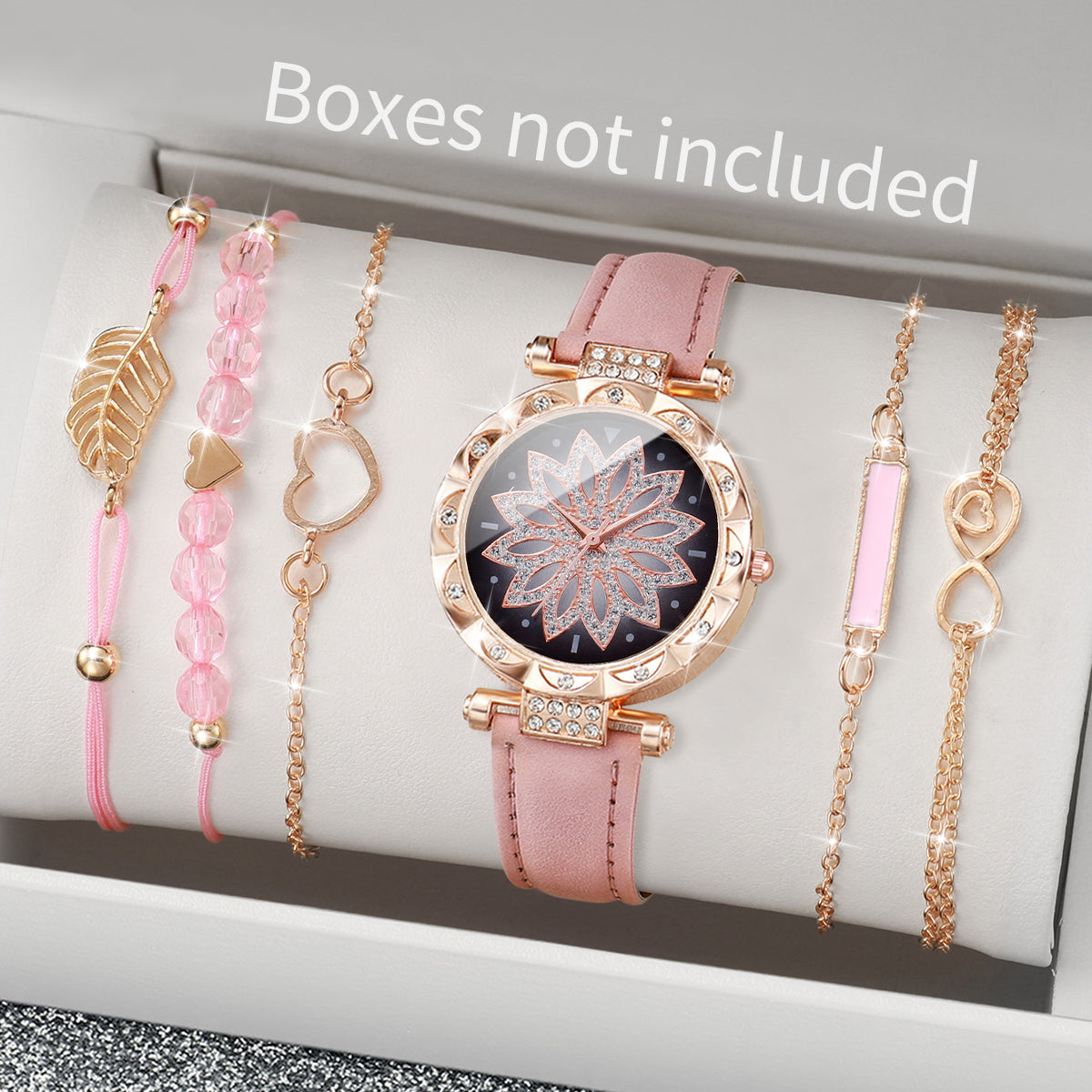 Fashion Heart Dial Analog Quartz Watch Womens Casual Leather Band Watch With Leaf Bracelets Set Wit 6