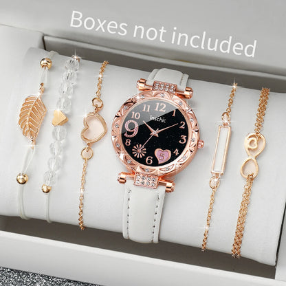 Fashion Heart Dial Analog Quartz Watch Womens Casual Leather Band Watch With Leaf Bracelets Set Wit 7
