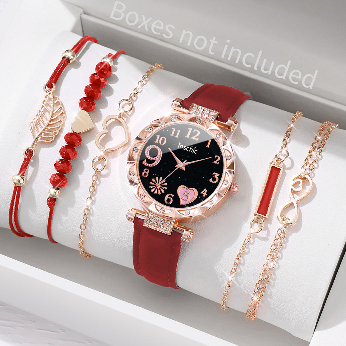 Fashion Heart Dial Analog Quartz Watch Womens Casual Leather Band Watch With Leaf Bracelets Set Wit 8