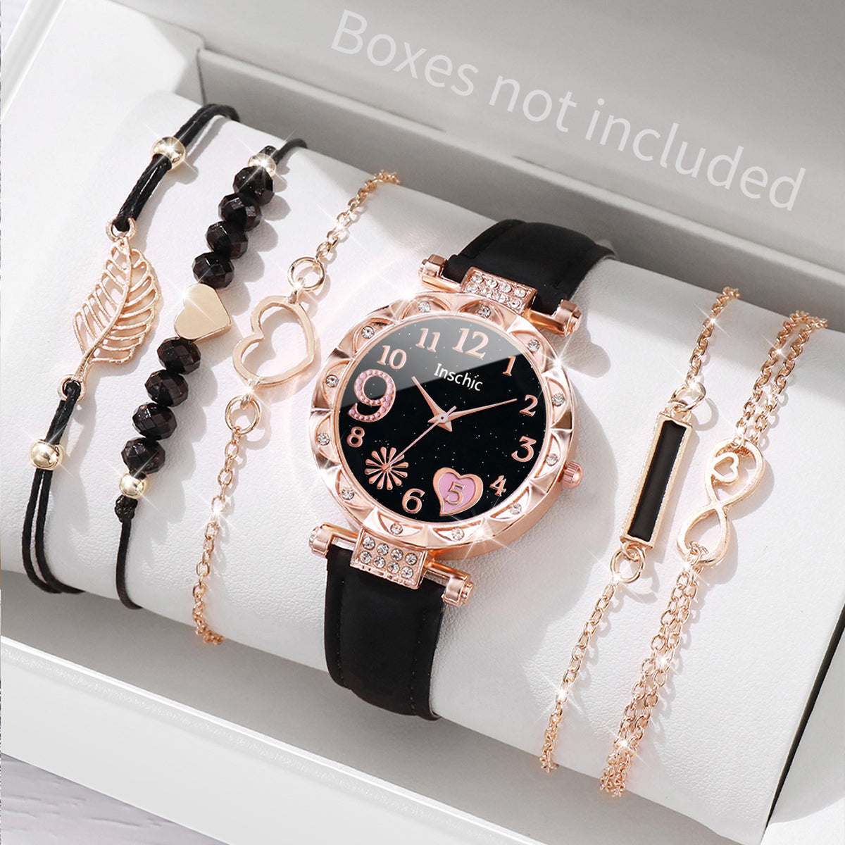 Fashion Heart Dial Analog Quartz Watch Womens Casual Leather Band Watch With Leaf Bracelets Set Wit 9