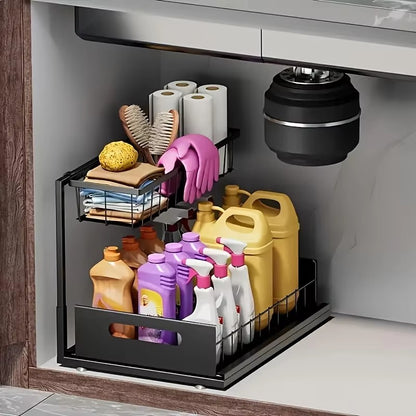 Draw out Cabinet Organizer, Slide Out Sink Rack, 2 layer Cabinet Storage Rack, Pull Out Shelf for Kitchen and Bathroom