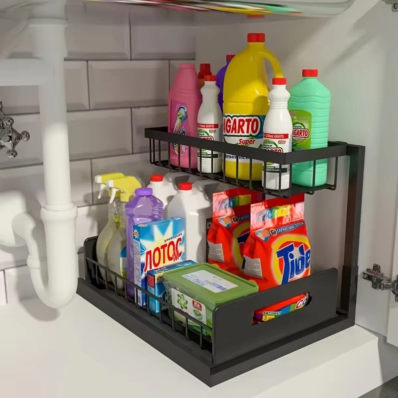 Draw out Cabinet Organizer, Slide Out Sink Rack, 2 layer Cabinet Storage Rack, Pull Out Shelf for Kitchen and Bathroom